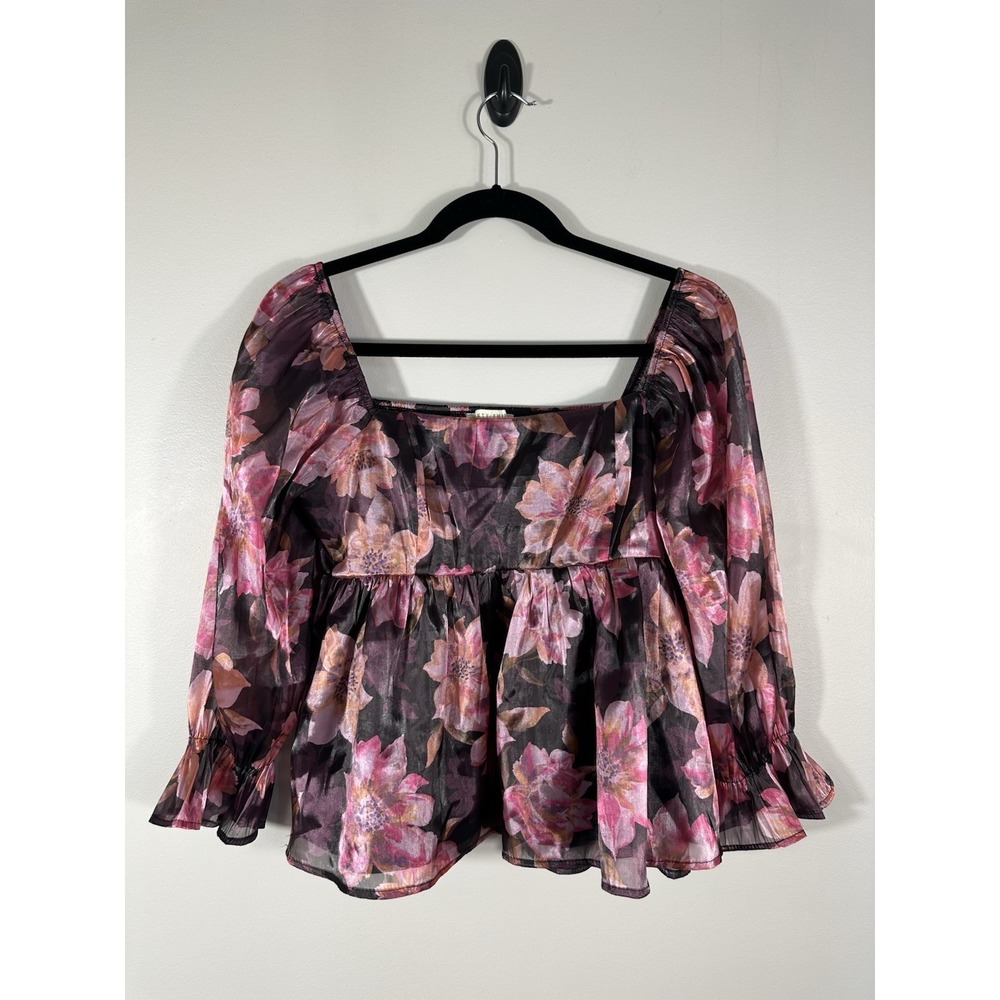 Thirty Thirty LA Top Womens‎ Large Pink Black Floral Babydoll Puff Sleeve